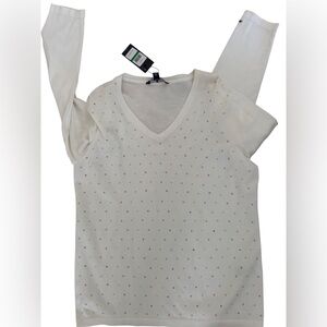 Tommy Hilfiger white cotton knit long sleeve V-neck with gold and rose gold